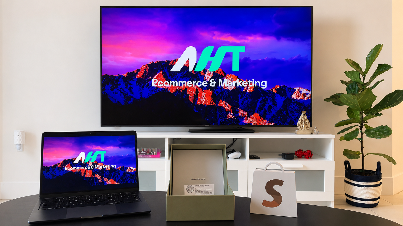 Physical Shopify Milestones trophy displayed on TV and laptop screens with AHT Ecommerce & Marketing branding