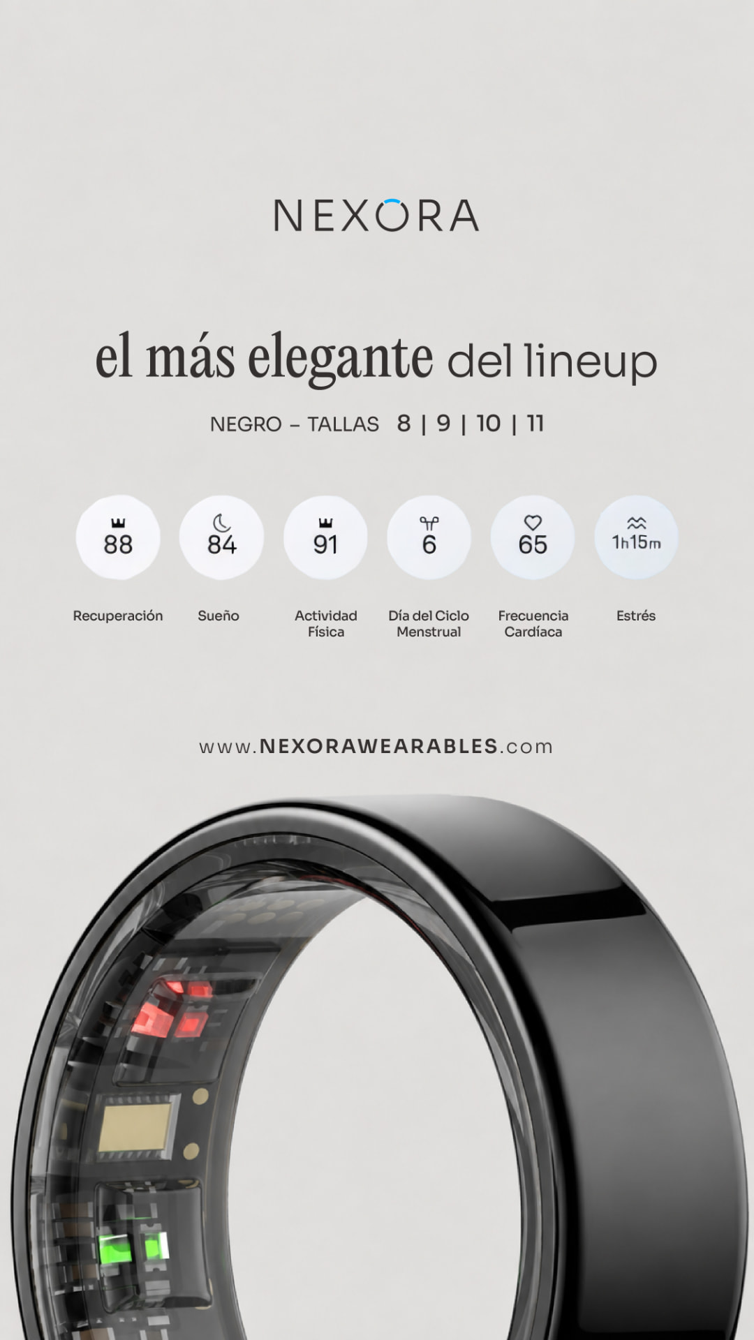 NEXORA smart ring product specs ad